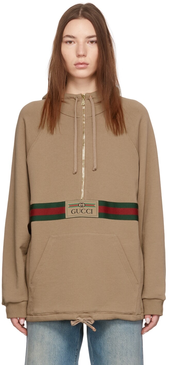 

Бежевая худи с логотипом Web на молнии до половины длины Gucci, Бежевый