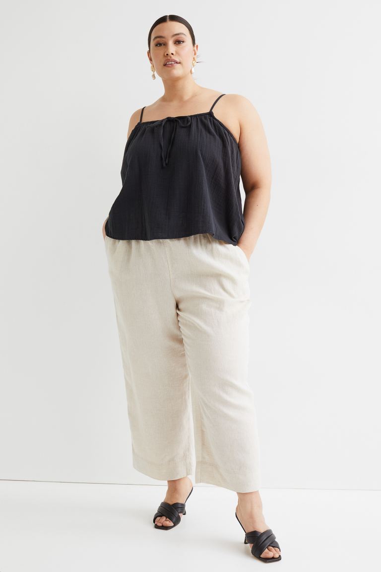 H&M+ Льняные брюки до щиколотки, натуральный белый брюки женские хлопковые с широкими штанинами повседневные свободные модные драпированные штаны до щиколотки однотонные с завышенной тал
