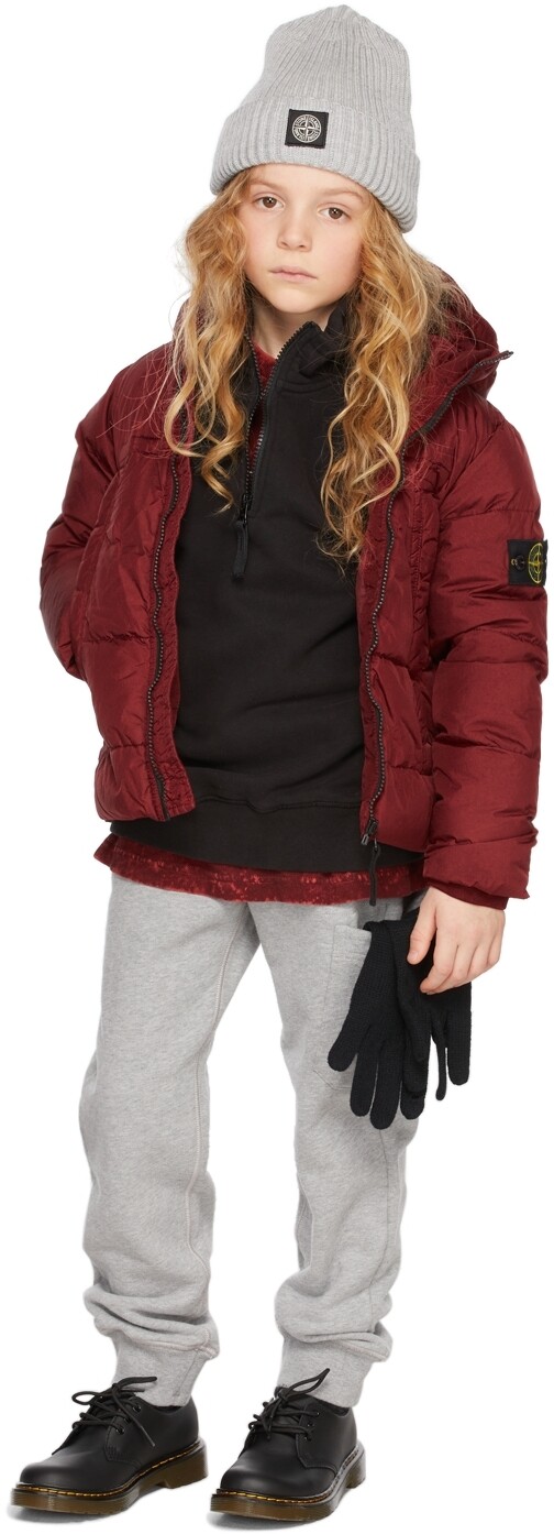 

Детская бордовая пуховая куртка из мятого репса NY Stone Island Junior
