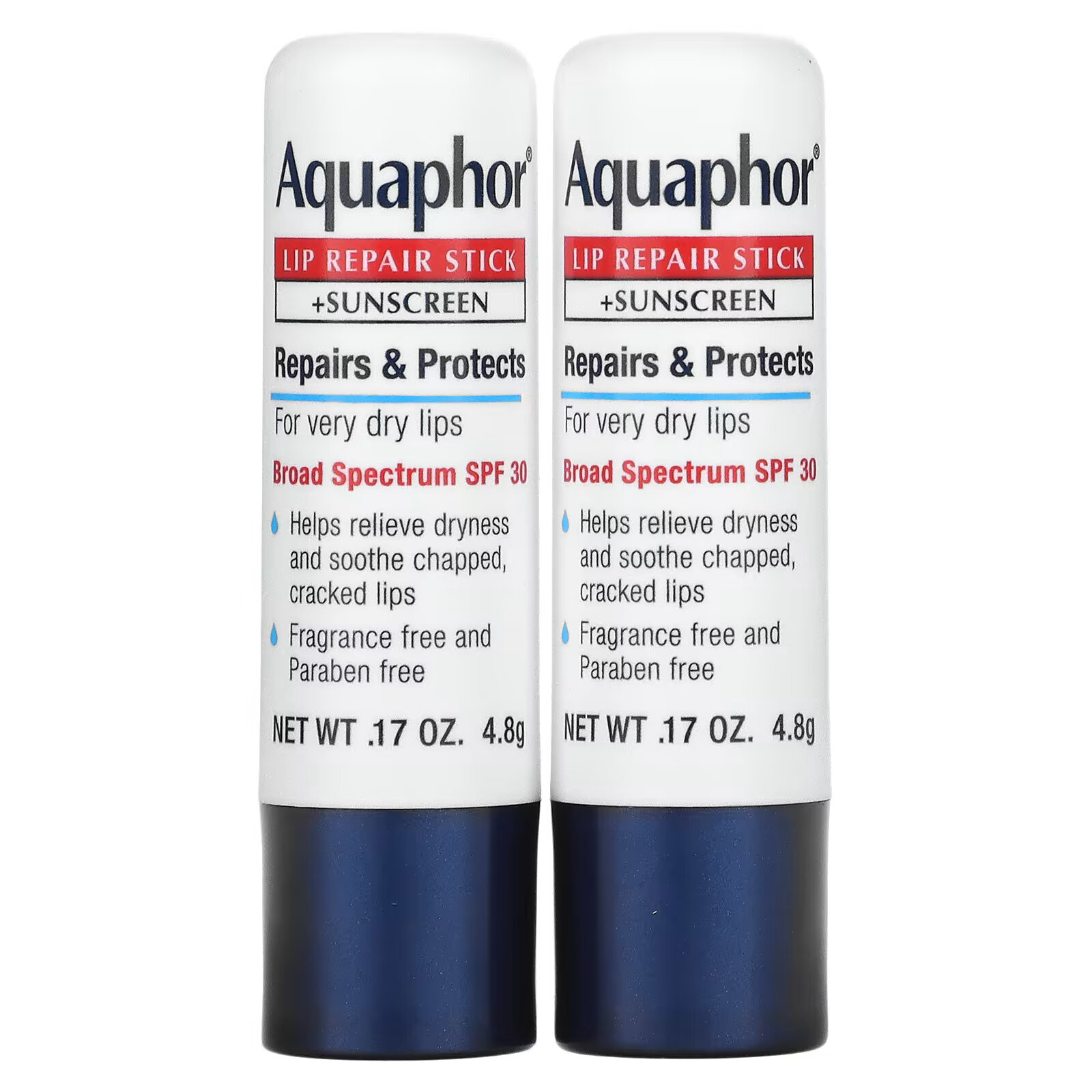 Aquaphor, Восстанавливающий стик для губ + солнцезащитный крем, SPF 30, без отдушек, двойной пакет, 2 стика по 4,8 г (0,17 унции) aquaphor стик для восстановления губ солнцезащитный крем spf 30 без отдушек 4 8 г 0 17 унции
