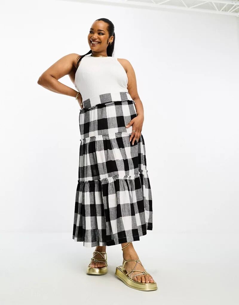 

Ярусная юбка миди в крупную однотонную клетку ASOS DESIGN Curve