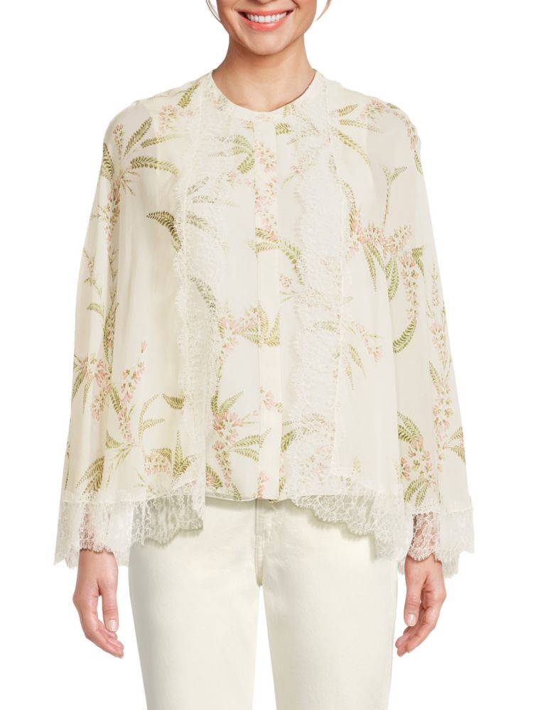 Многослойная шелковая блузка с кружевной отделкой Giambattista Valli, цвет White Rose шелковая блузка со сборками с цветочным принтом giambattista valli розовый