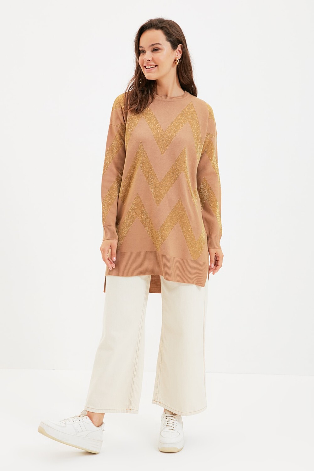 

Верблюжий трикотаж в блестящую полоску Trendyol Modest, коричневый