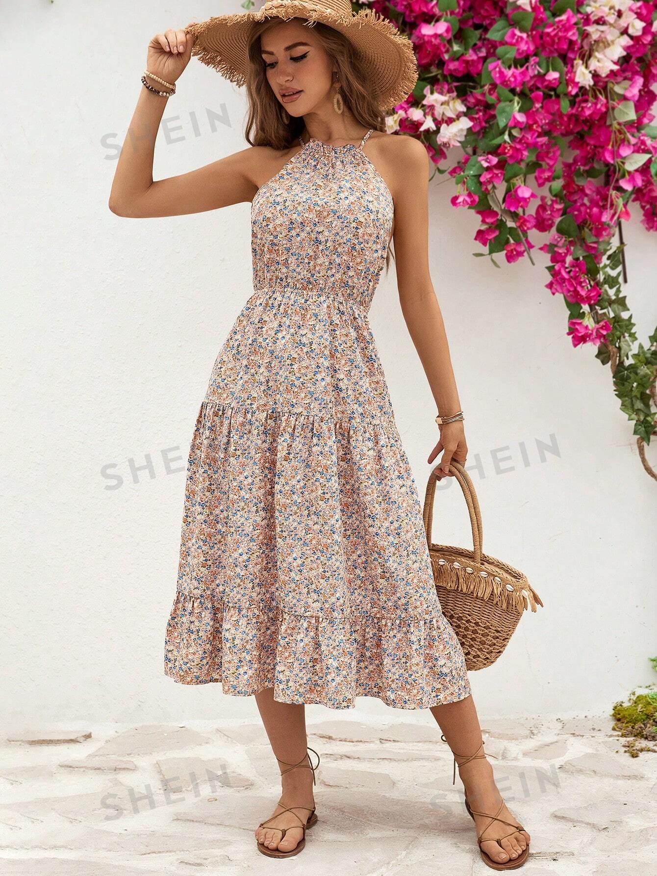 SHEIN VCAY Мини-платье без рукавов с цветочным принтом и оборками по подолу, многоцветный
