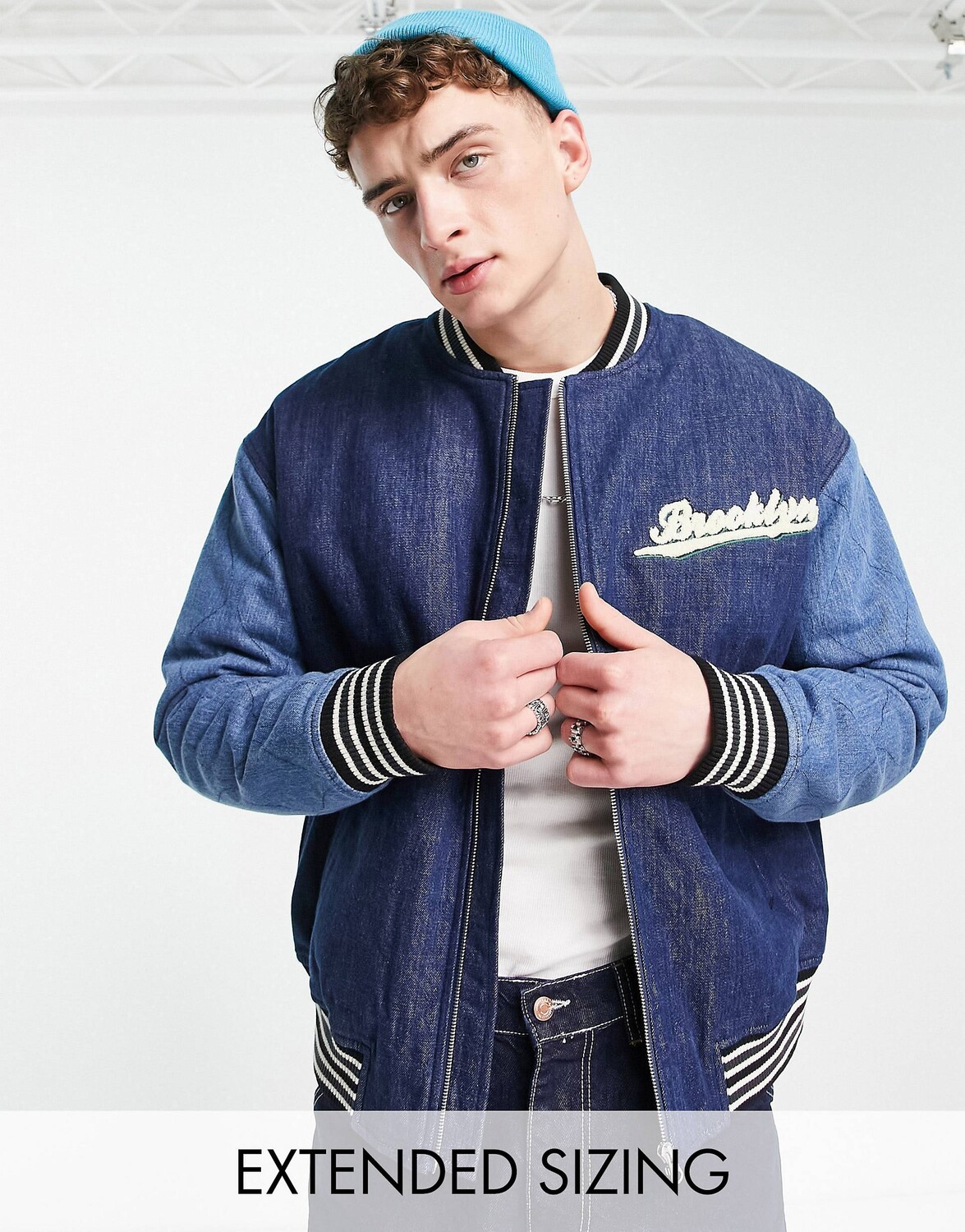 

Джинсовая куртка свободного кроя со стегаными рукавами ASOS DESIGN, Синий