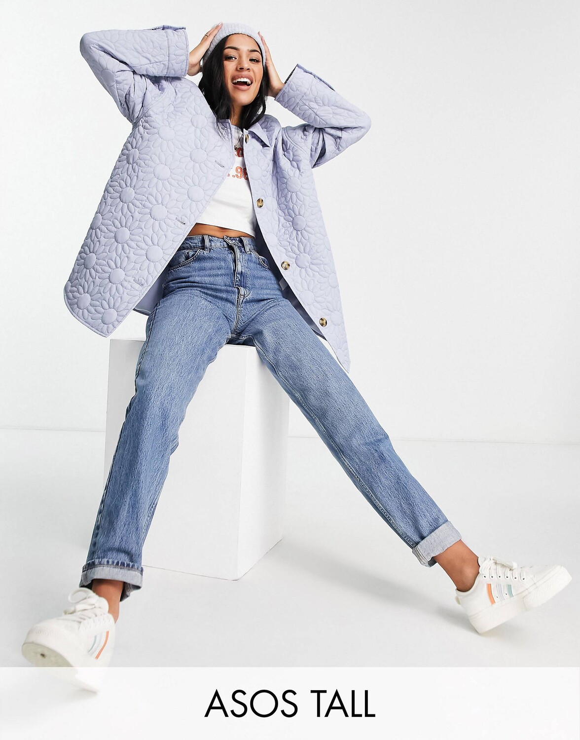 

Сиреневая стеганая куртка с цветочным принтом ASOS DESIGN Tall
