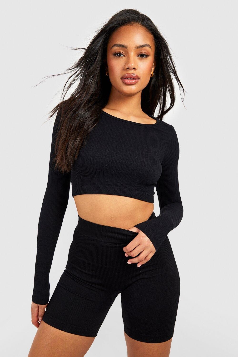 

Бесшовные байкерские шорты в ребрику Boohoo, черный