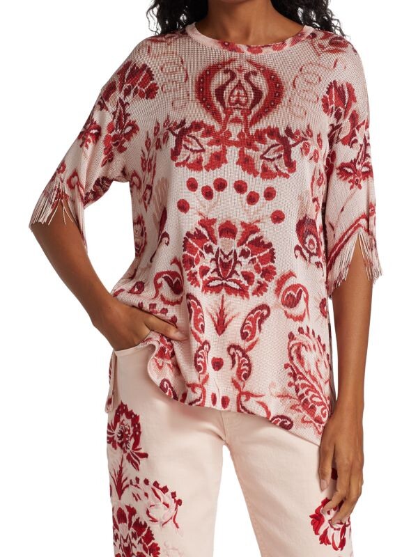 

Топ Paisley Ikat Etro вязаный с бахромой, красный/белый