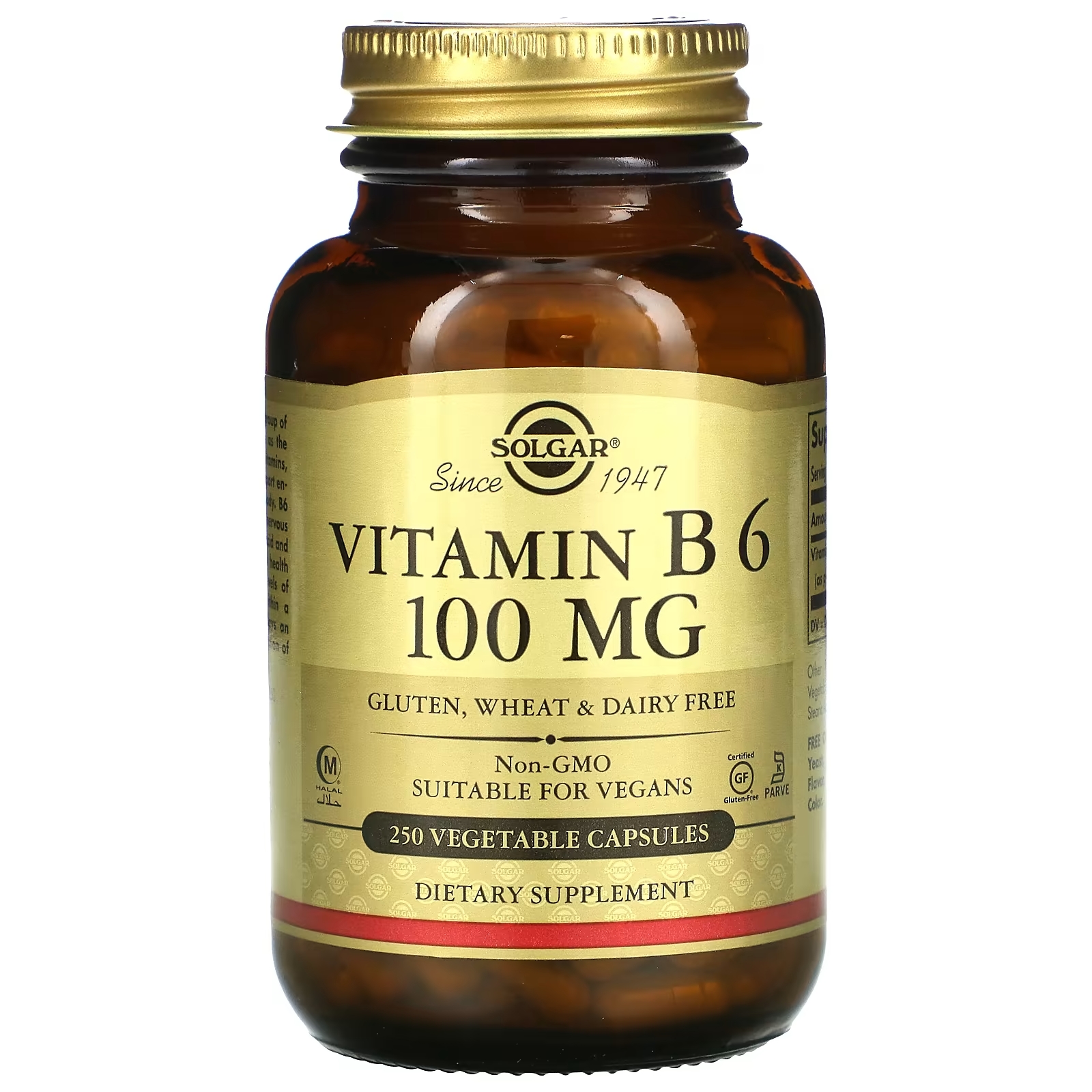 Solgar Витамин В6 100 мг, 250 растительных капсул витамин в1 100 мг 100 растительных капсул solgar