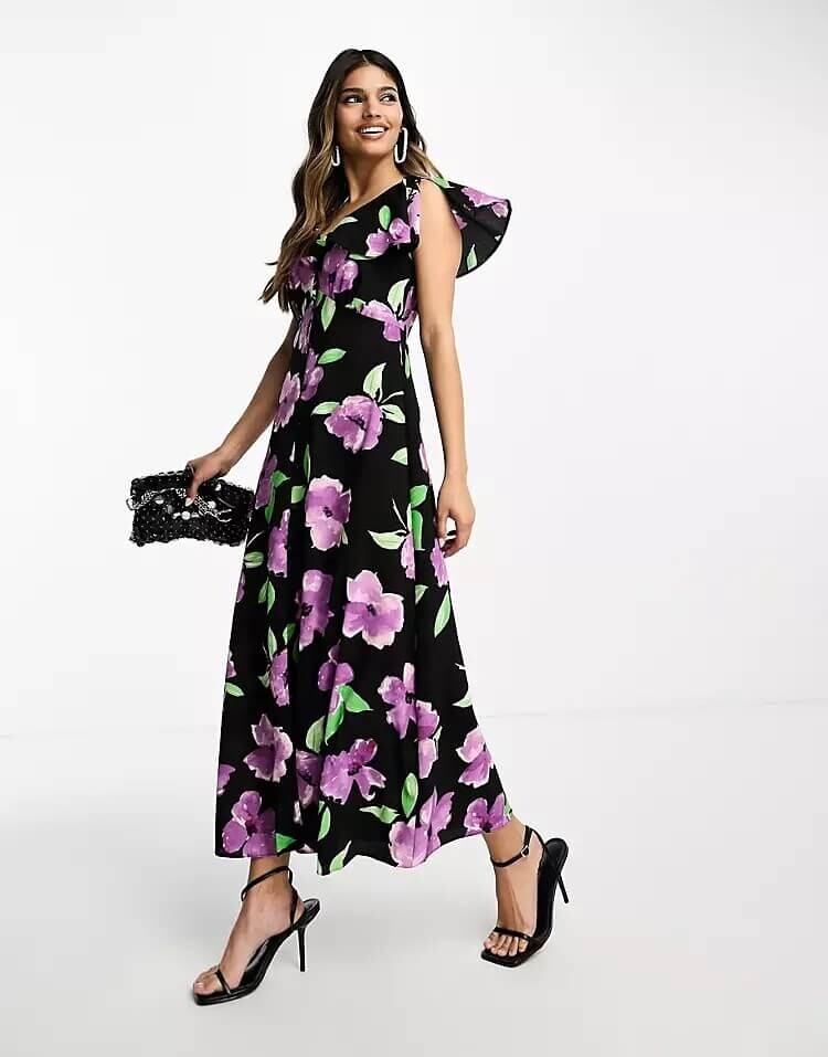 

Платье-миди Asos Design Flutter Sleeve With Buttons, черный/фиолетовый