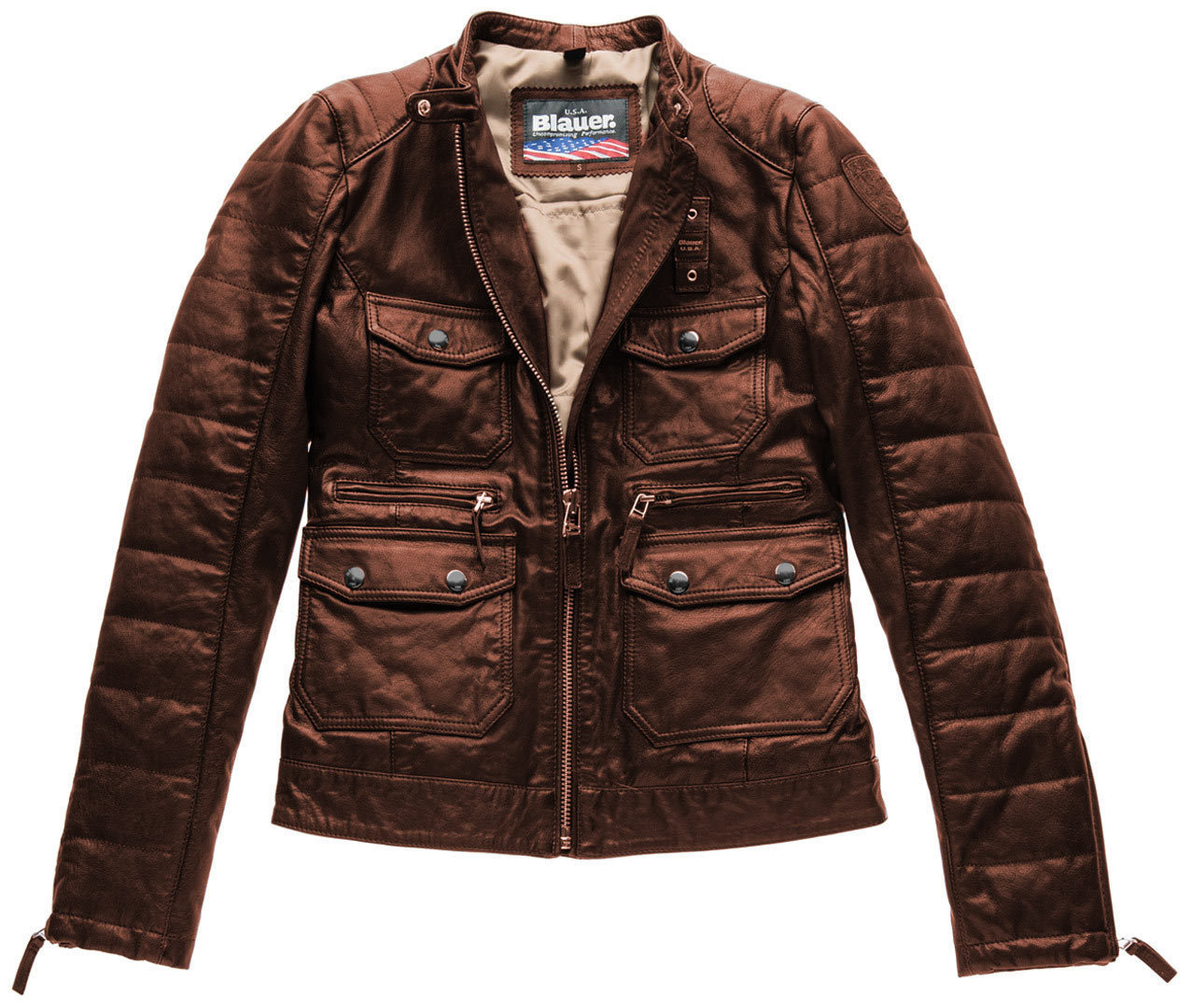 цена Женская мотоциклетная кожаная куртка Blauer USA Rider Pocket Padded с коротким воротником, коричневый