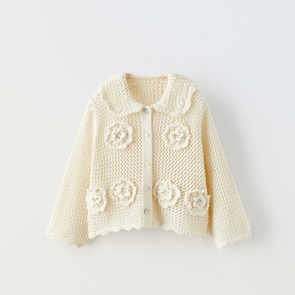 Кардиган Zara Crochet Knit, экрю кардиган zara kids cable knit patchwork knit песочный