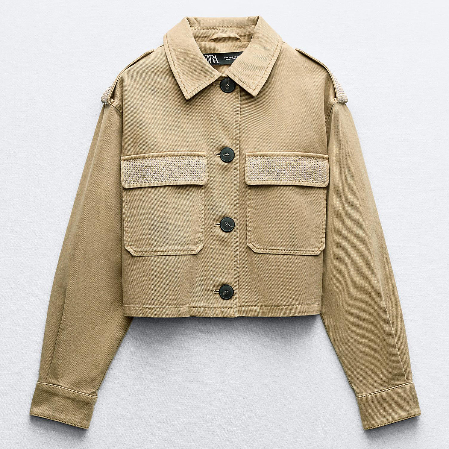 Куртка Zara Cropped With Rhinestones, светло-коричневый gianni bini anya координационная куртка с длинными рукавами и бахромой со стразами белый