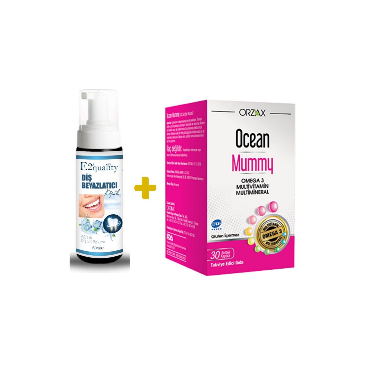Отбеливающая пена для зубов Orzax E2' Quality + Пищевая добавка Orzax Ocean Mummy, 30 капсул