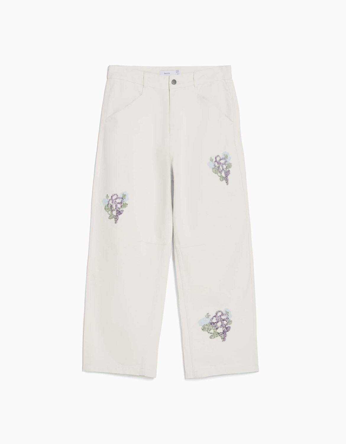 

Брюки Bershka Frayed Embroidered Cotton, кремовый