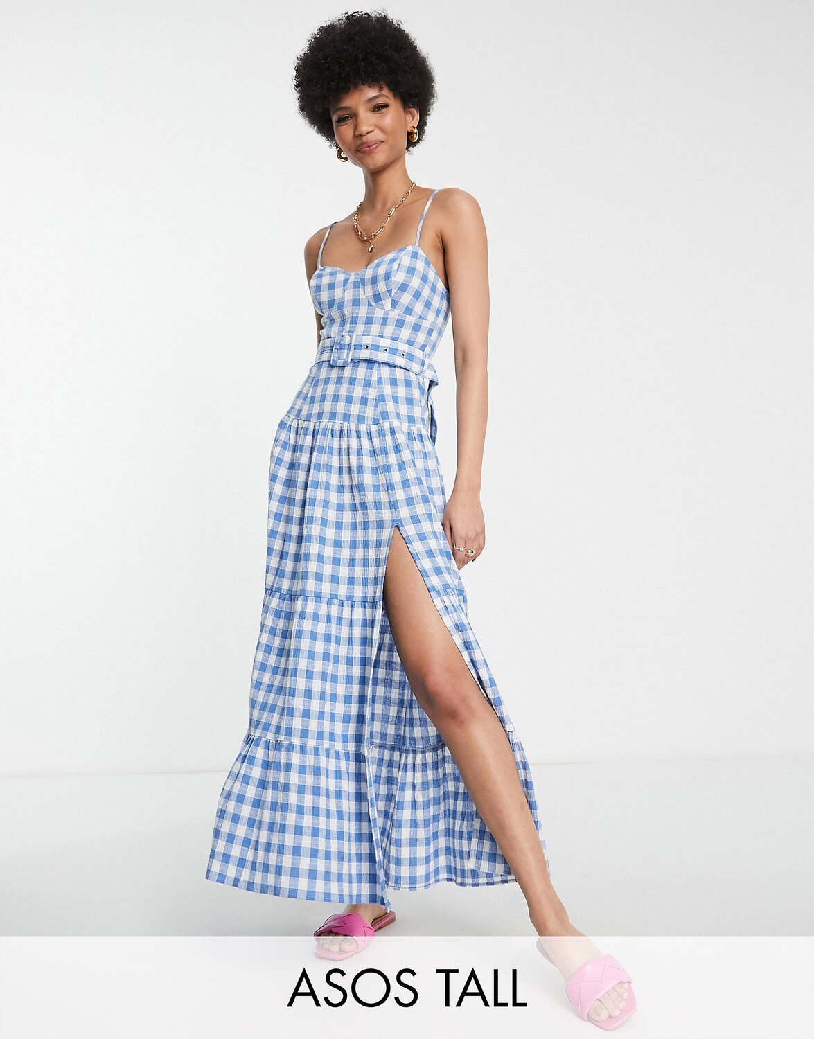 

Синее ярусное платье макси с поясом в мелкую клетку ASOS DESIGN Tall