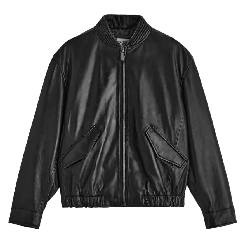 Куртка-бомбер Zara Leather Bomber, черный