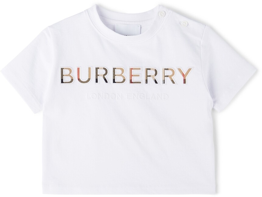 

Детская белая футболка в винтажную клетку с логотипом Burberry