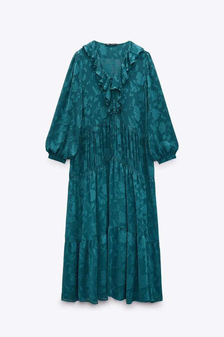 

Платье Zara Long Jacquard With Ruffles, зеленый