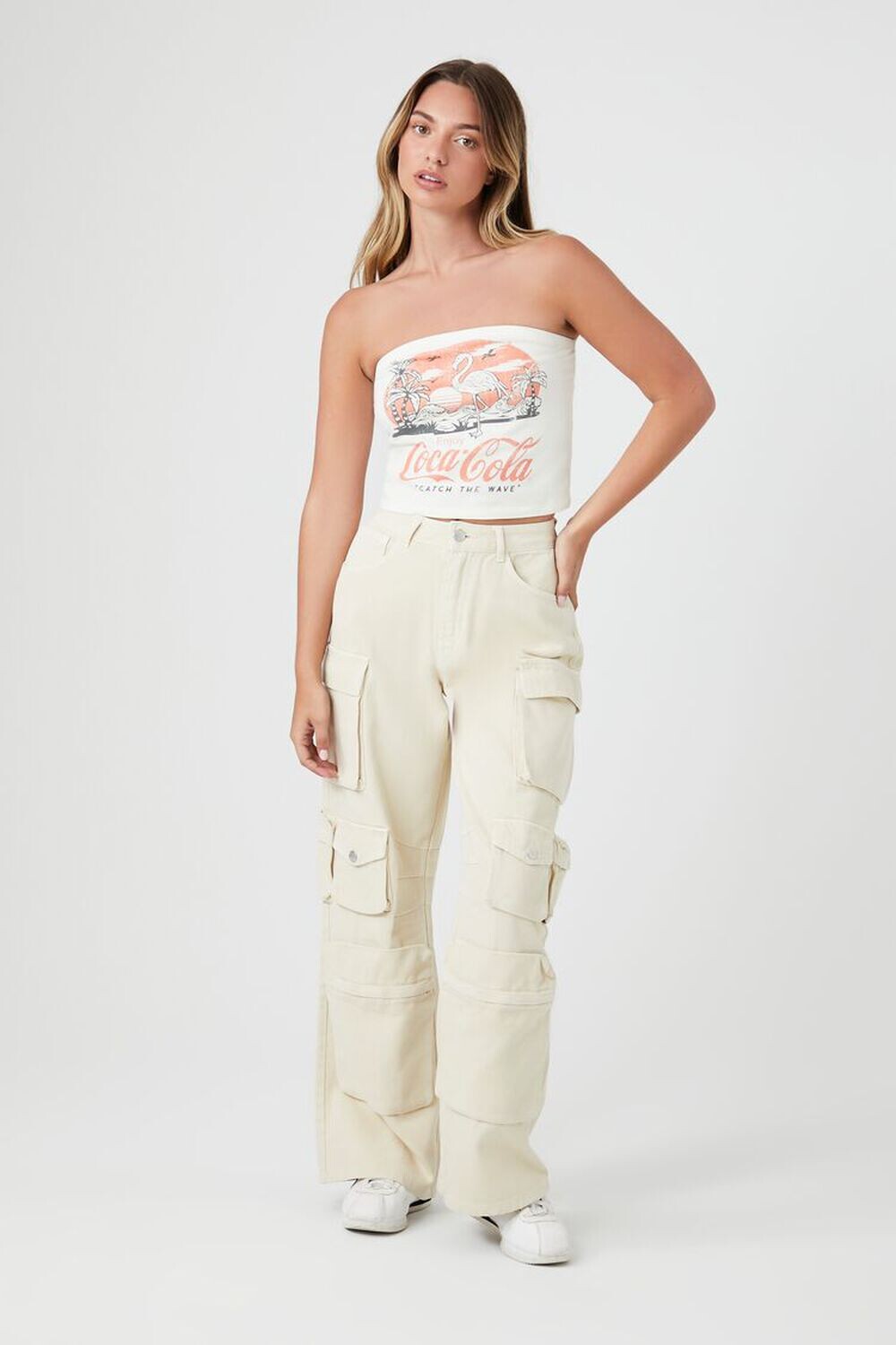 

Широкие брюки карго из твила Forever 21, песочный, Бежевый