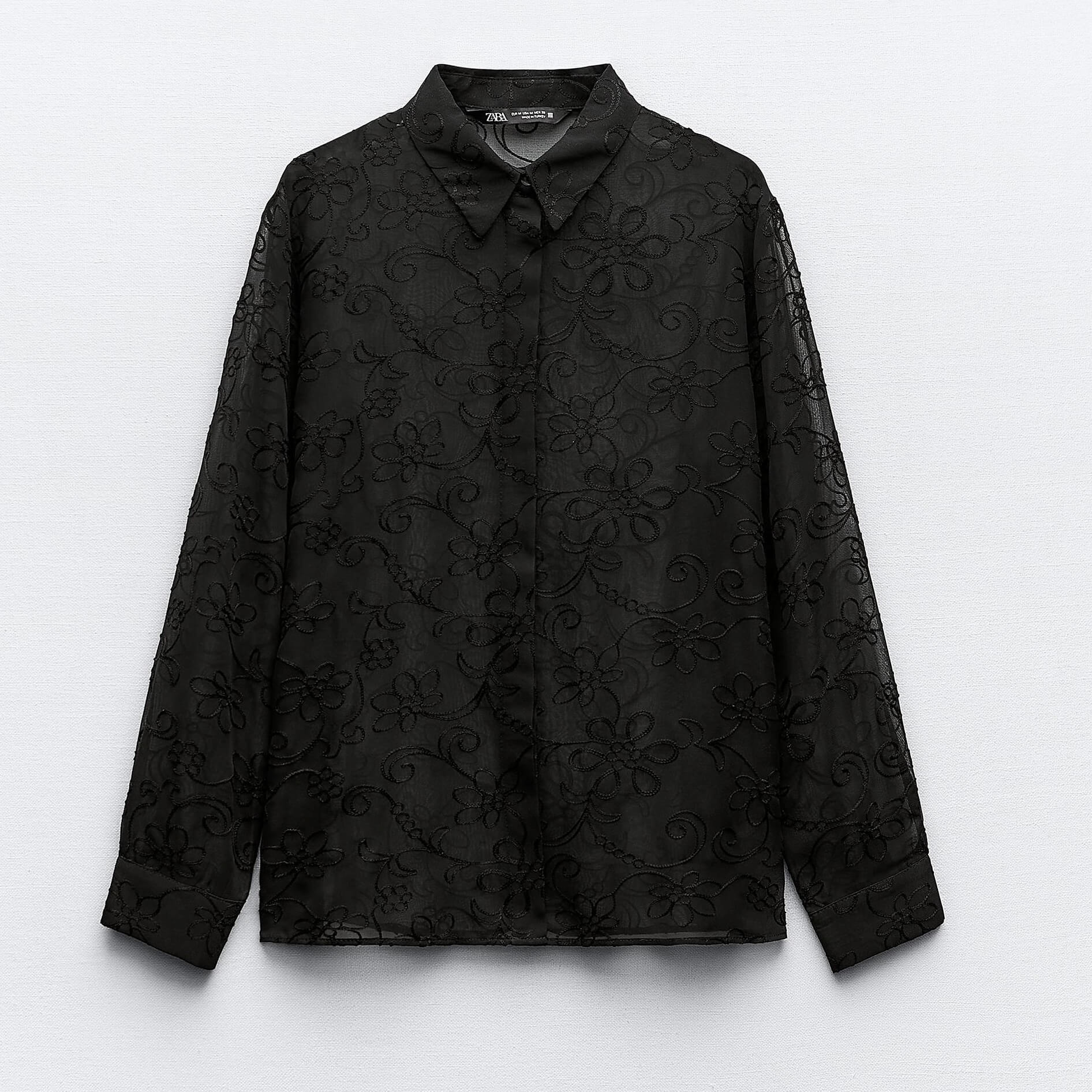 Рубашка Zara Embroidered Floral Semi-sheer, черный рубашка zara semi sheer черный