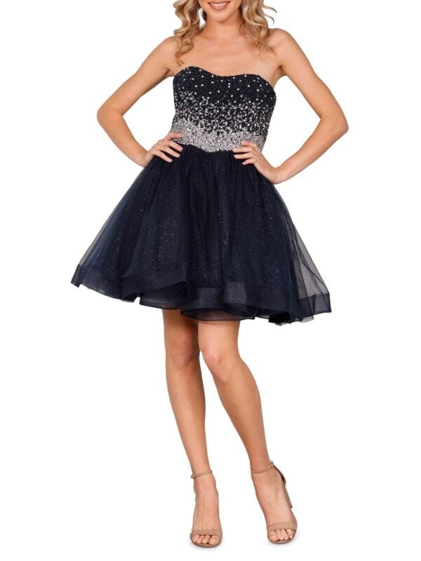 

Расклешенное вечернее платье без бретелек с бисером Terani Couture Navy