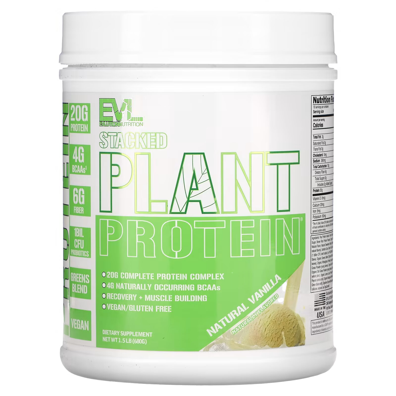 EVLution Nutrition, Stacked Plant Protein, натуральная ваниль, 670 г (1,5 фунта) prosupps plant perform performance plant protein насыщенный шоколад 907 г 2 фунта