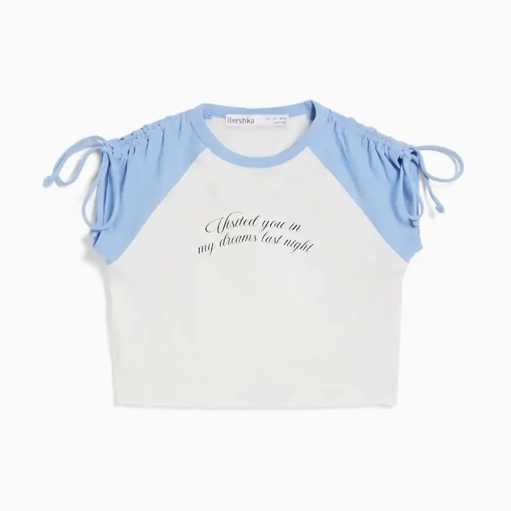 

Футболка Bershka Printed Short Sleeve, белый/голубой