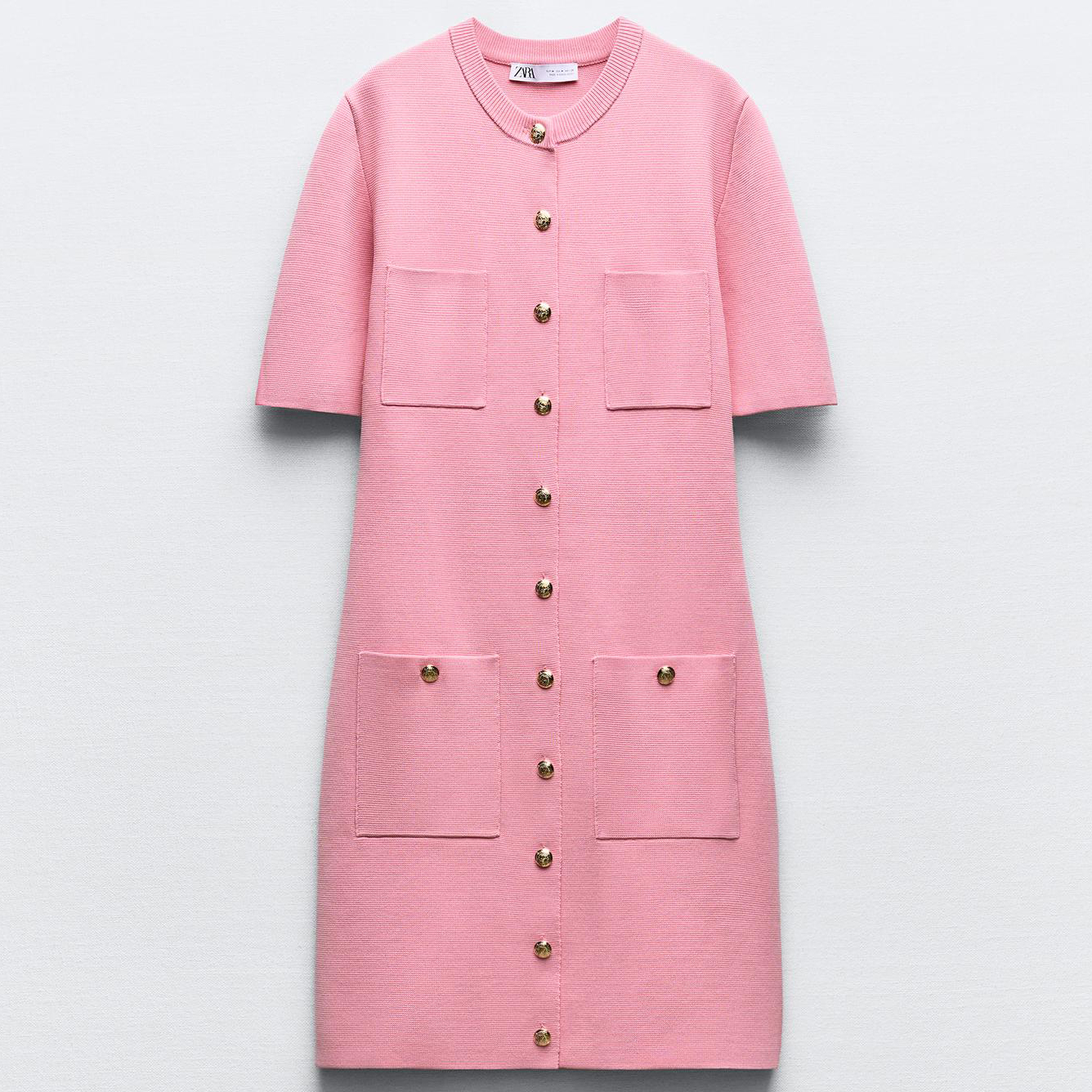 Платье Zara Knit Mini With Golden Buttons, розовый