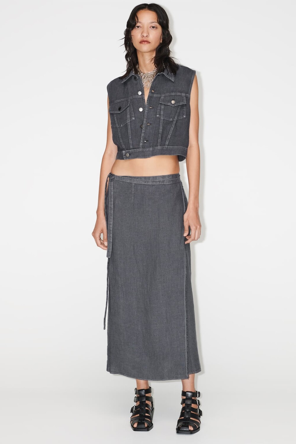 

Льняный жилет с отшивкой ZARA, серый