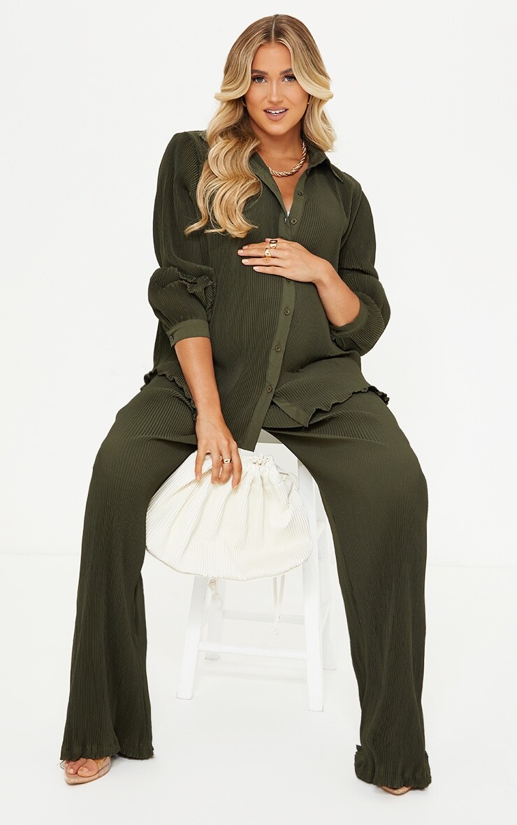 

PrettyLittleThing Оливковые плиссированные широкие брюки для беременных с высокой талией, Зеленый