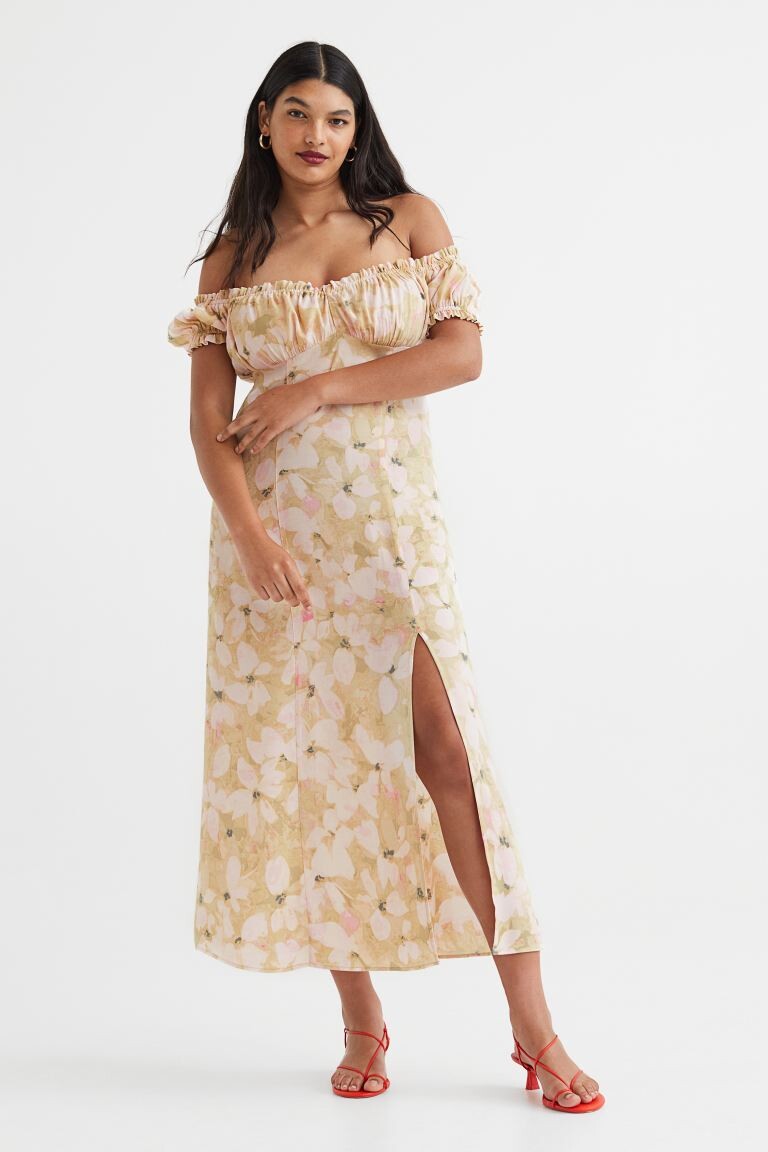 

Цветочное платье с пышными рукавами H&M, светло-бежевый/цветочный