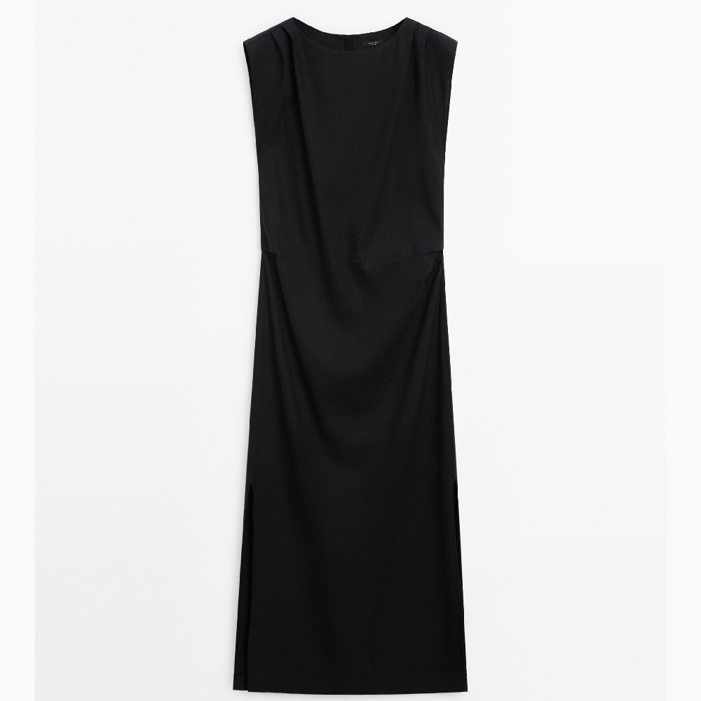 Платье Massimo Dutti Stretch Linen Blend With Pleats, черный цена и фото