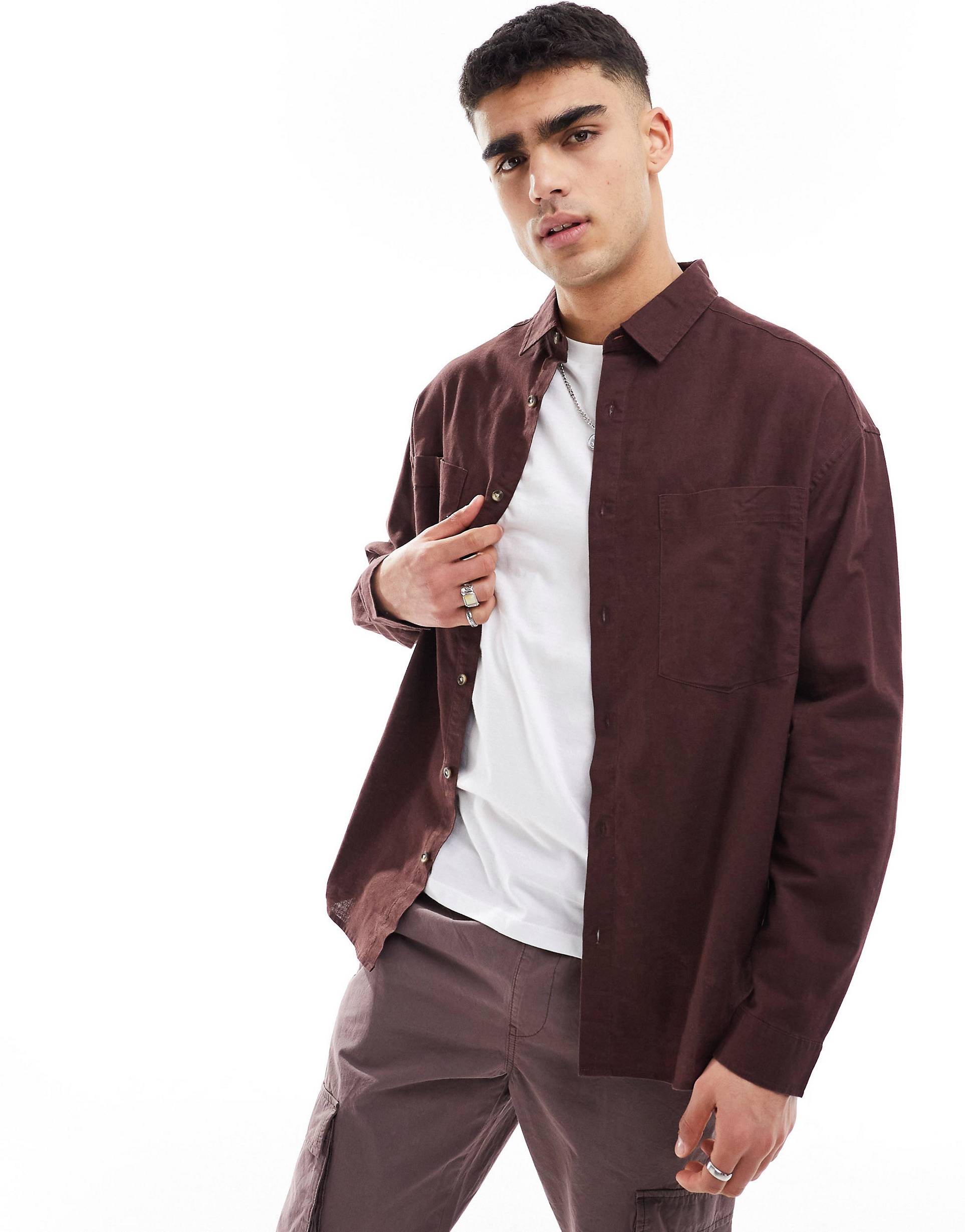 Рубашка Asos Design 90s Oversized Linen, коричневый