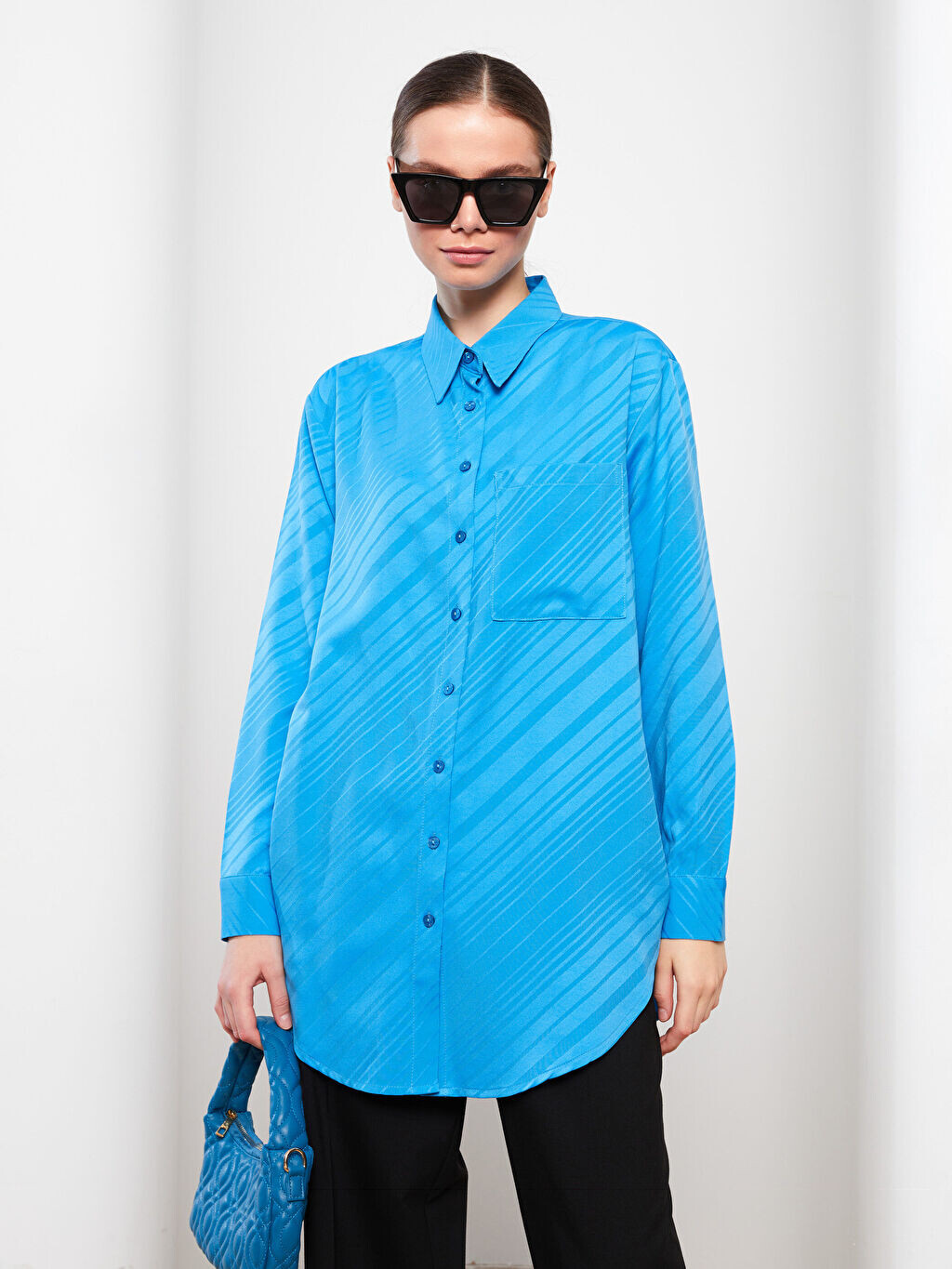 

Атласная Женская туника в полоску с длинным рукавом и воротником-стойкой LCW Modest