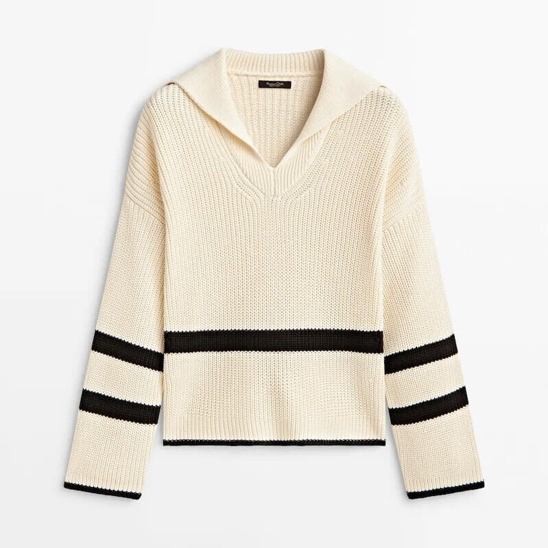 

Свитер Massimo Dutti Striped With Polo Collar, бежевый