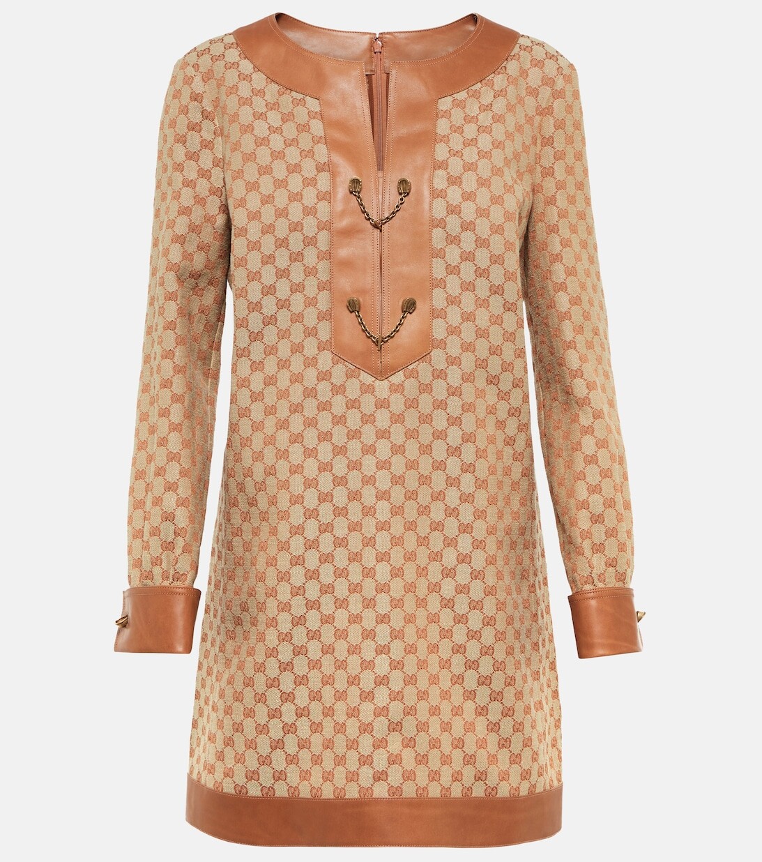 

Мини-платье из парусины с кожаной отделкой GG GUCCI, коричневый