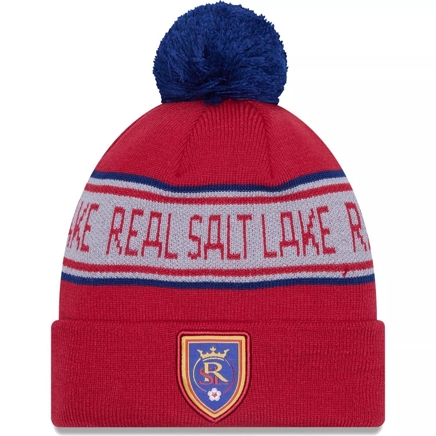 

Мужская вязаная шапка New Era Red Real Salt Lake с повторяющимися манжетами и помпоном