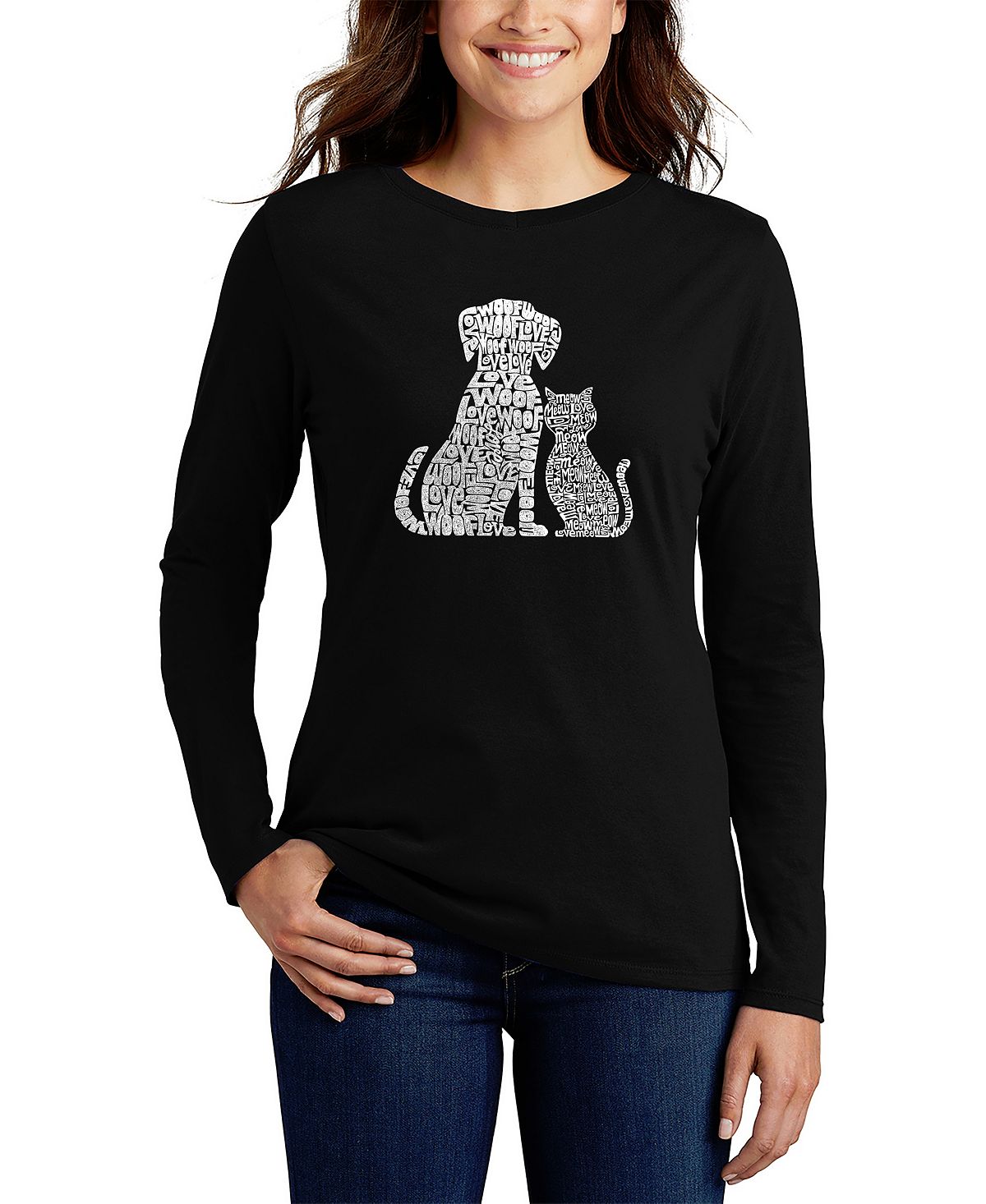Женская футболка с длинным рукавом word art dogs and cats LA Pop Art, черный