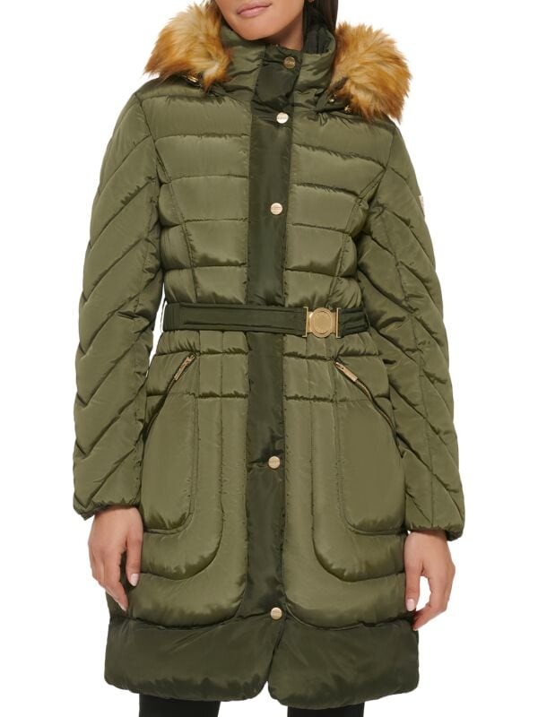 

Пуховик с поясом и отделкой из искусственного меха Guess Ivy, Синий