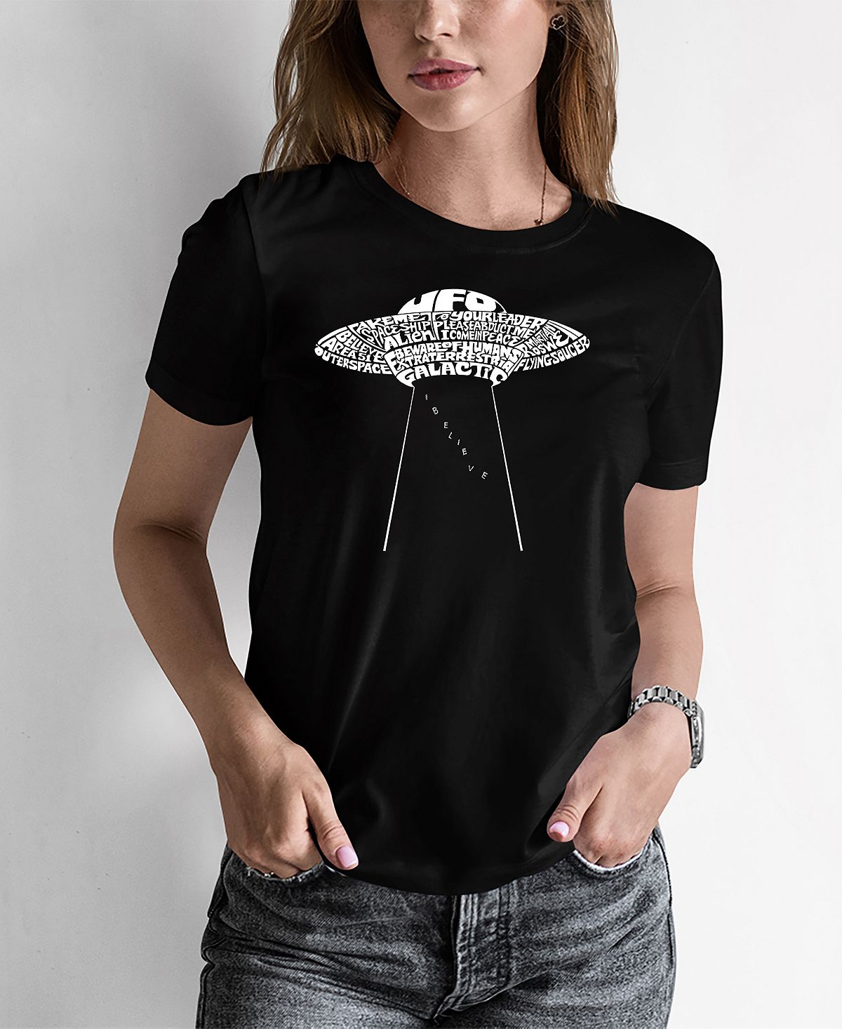Женская футболка word art flying saucer ufo LA Pop Art, черный фото