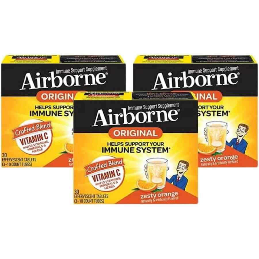 Витамин С в шипучих таблетках Airborne Immune System вкус апельсина, 3 упаковки по 30 таблеток