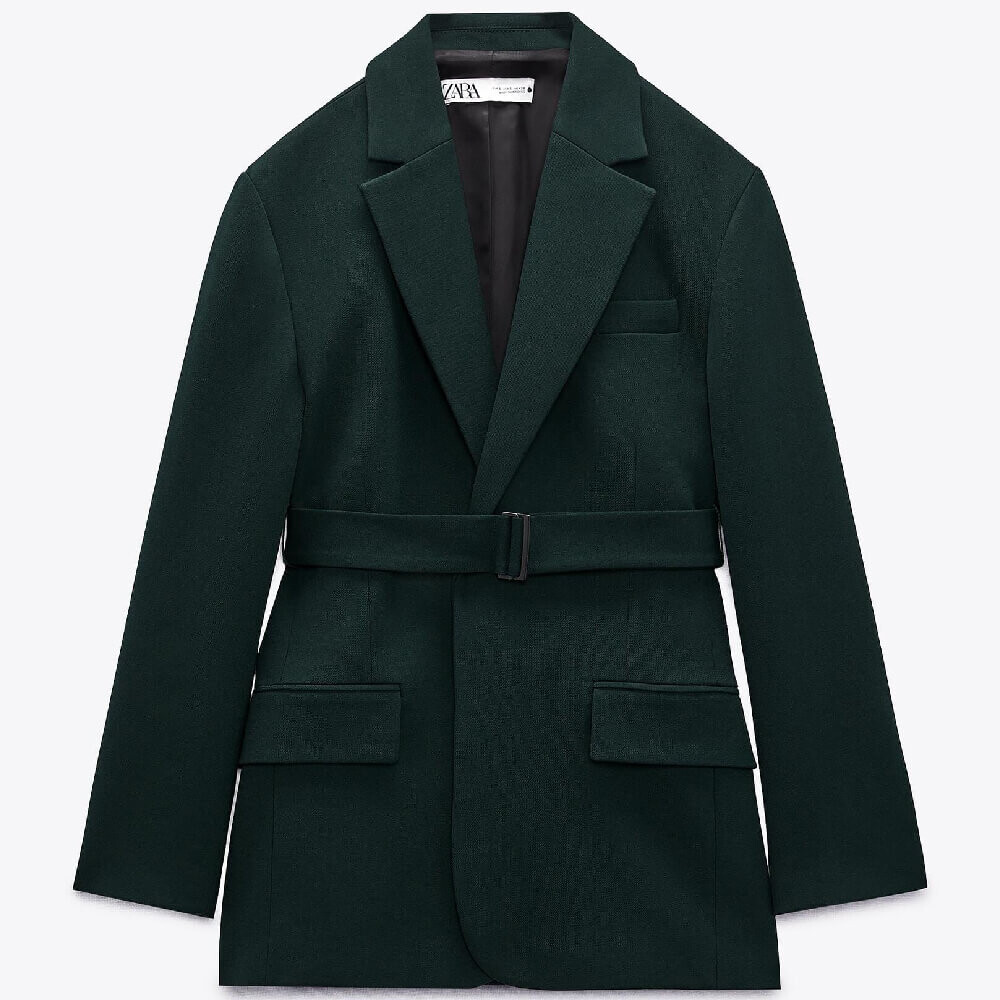 

Пиджак Zara Straight Fit With Belt, бутылочно-зленый