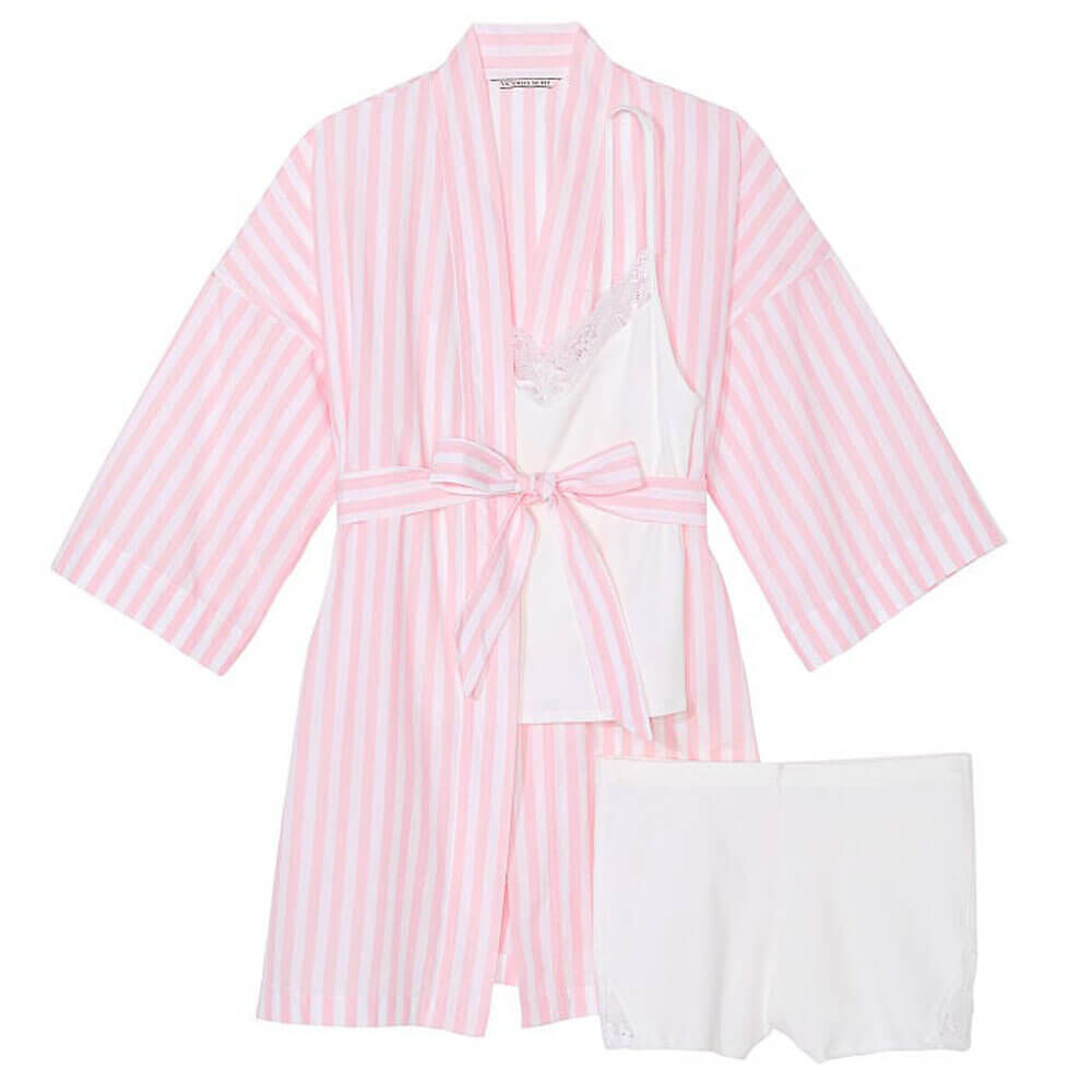 

Хлопковый пижамный комплект Victoria's Secret Cotton, 3 предмета, розовый/белый