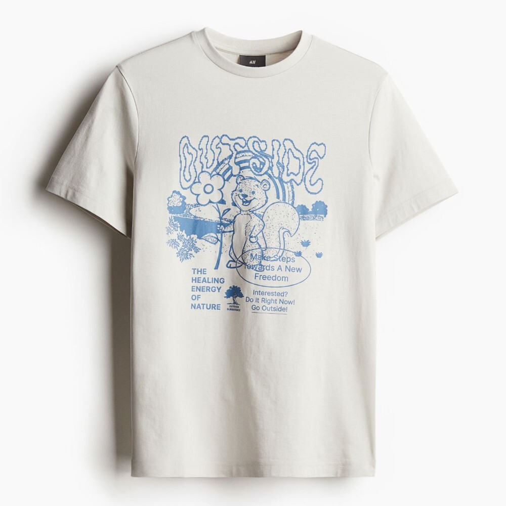 

Футболка H&M Regular Fit Printed Outside, светло-серый