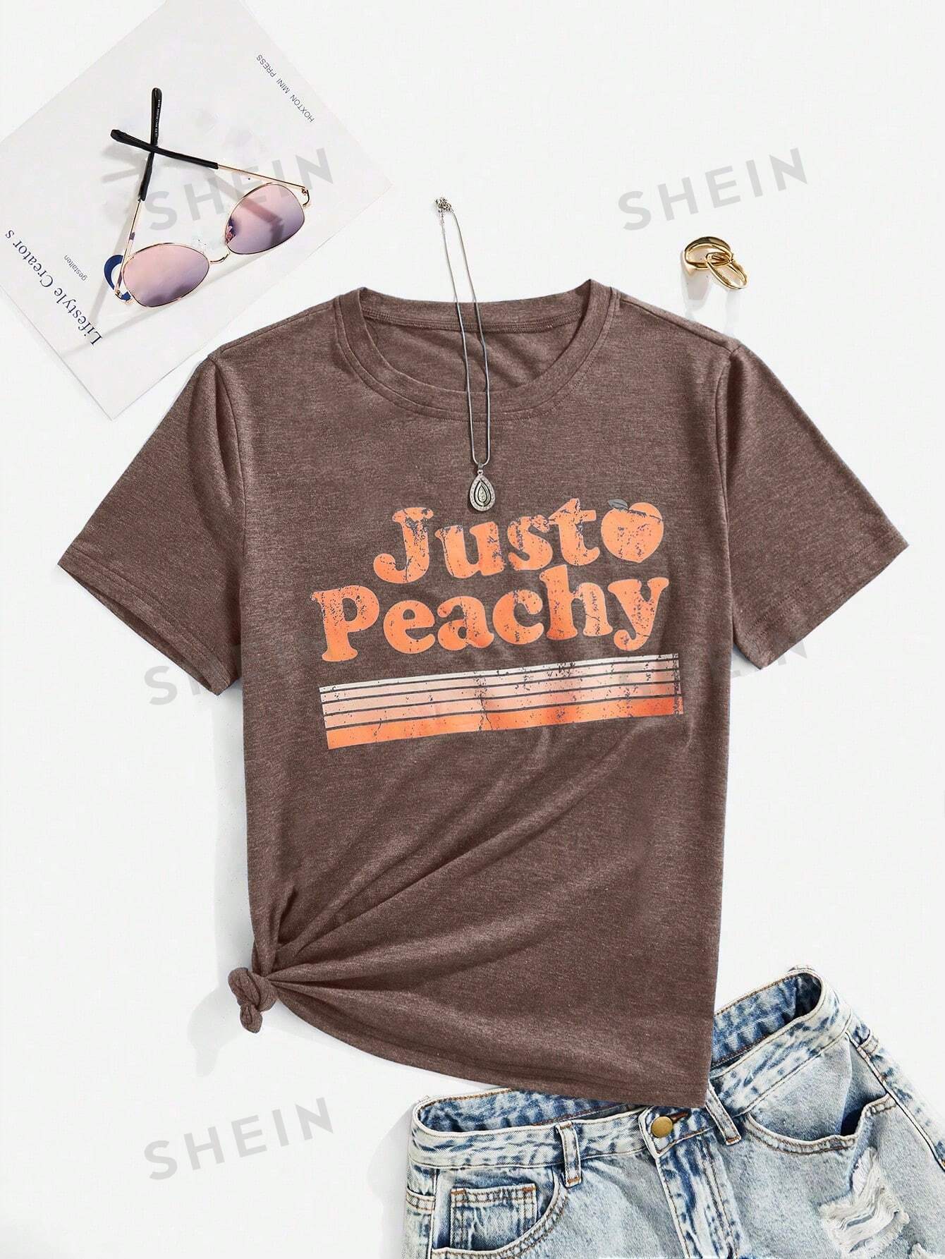 SHEIN VCAY Женская футболка с коротким рукавом и буквенным принтом, кофейный коричневый
