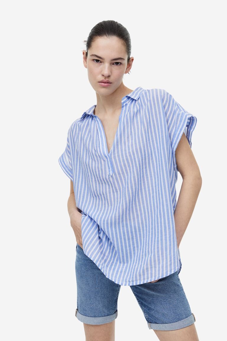 

Хлопковая блузка с V-образным вырезом H&M, синий/полосатый