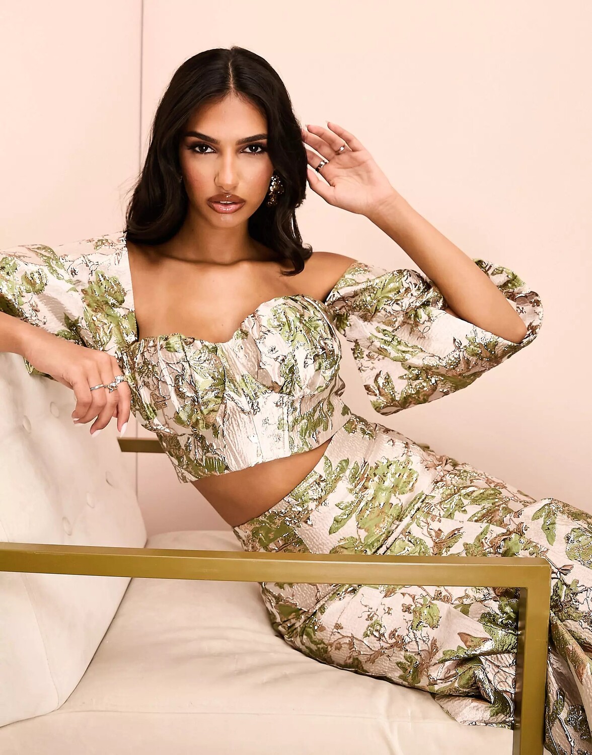 

Топ Asos Luxe Co-ord Jacquard Off Shoulder Crop In Floral, зеленый
