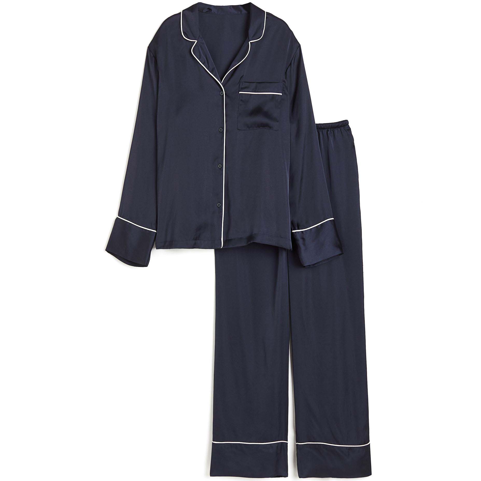 Пижама H&M Satin Shirt And Pants, темно-синий женский свободный костюм рубашка с принтом модная плиссированная рубашка с отложным воротником и длинными рукавами и широкие брюки компл