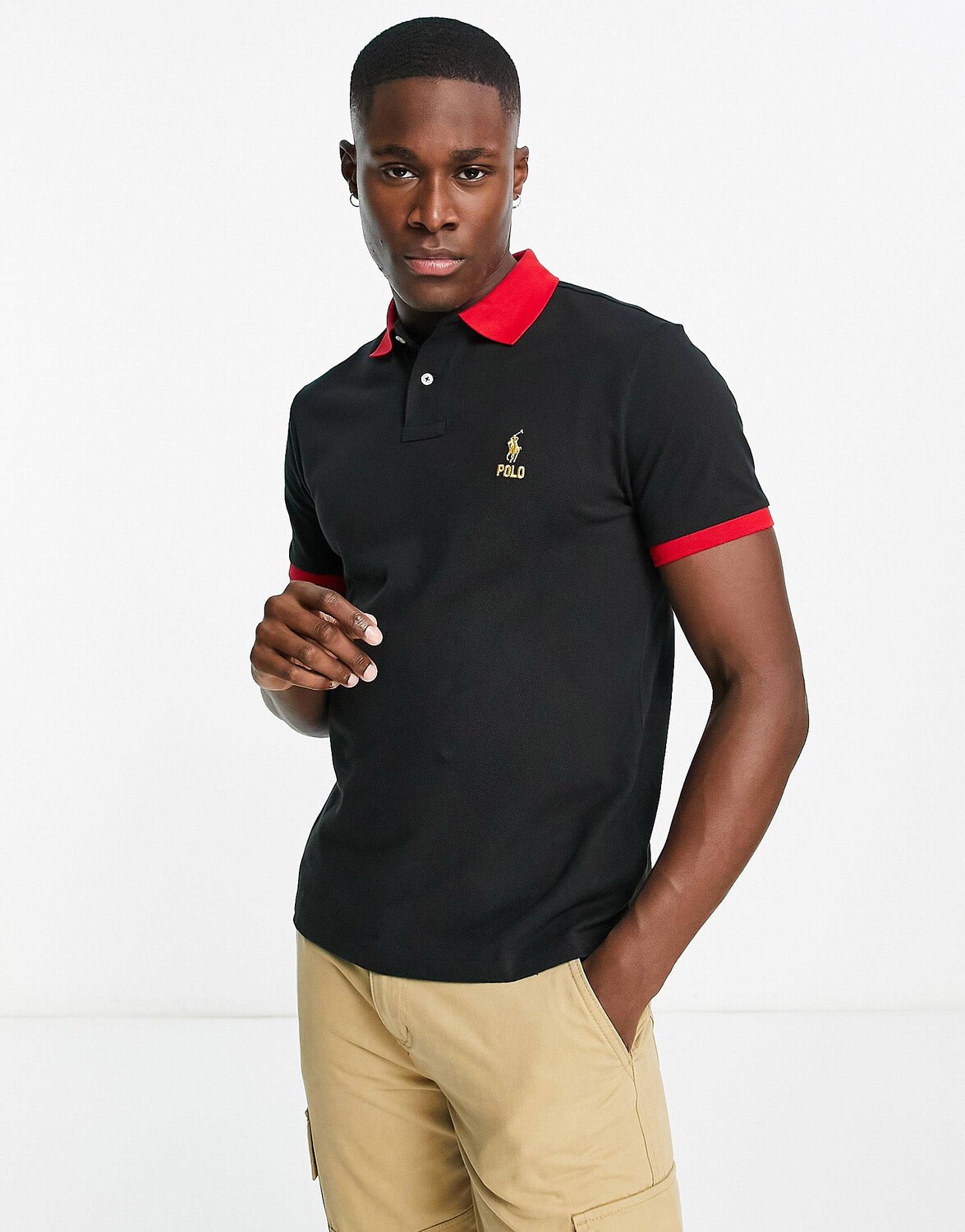 

Черное поло из пике с золотым логотипом и логотипом Polo Ralph Lauren, Черный